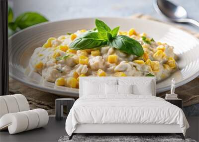 Creamy corn and ricotta dish garnished with fresh basil leaves, plated on a white dish, served on a beige linen napkin Wall mural