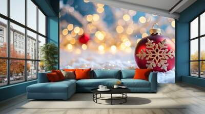 Festive Christmas ornament close-up on snowy table with blurred snowflake background Wall mural