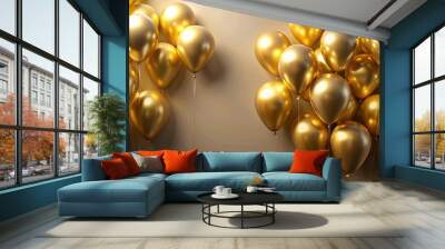 Floating gold foil balloons on background with shadows Wall mural