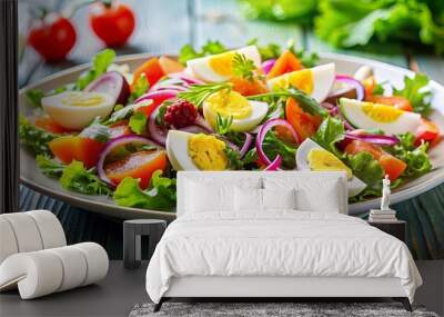 Fresh and colorful salad with hard-boiled eggs on a plate Wall mural