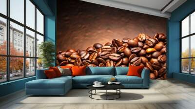 Fresh coffee beans on a dark brown background, perfect for coffee lover designs Wall mural