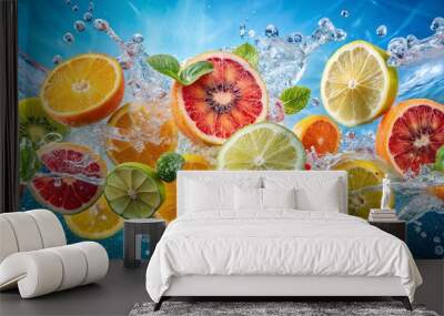 Fresh fruit slices creating vibrant splash in clear water, refreshing summer concept Wall mural