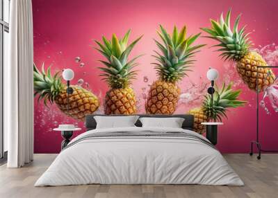 Fresh pineapples falling into water on a vibrant pink background Wall mural