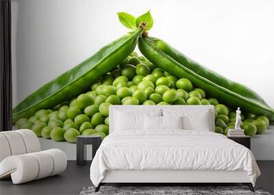 Freshly Shelled Green Peas Arranged in a Pyramid Shape With Open Pea Pods Surrounding the Base Wall mural