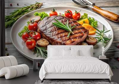 Grass-fed beef steak served on a white plate with vegetables and herbs Wall mural