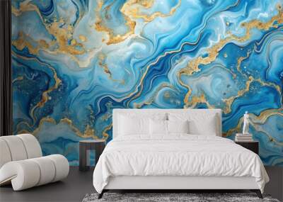 Marbleized effect on blue colors with gold accents, creating a beautiful paint design Wall mural