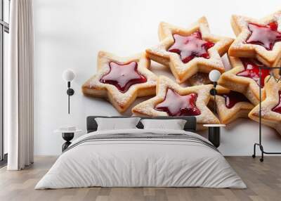 Strawberry jam filled short pastry stars on a white background Wall mural