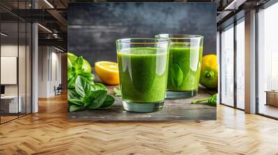 Two glasses of nutritious green smoothie beside fresh lemon and spinach on table Wall mural