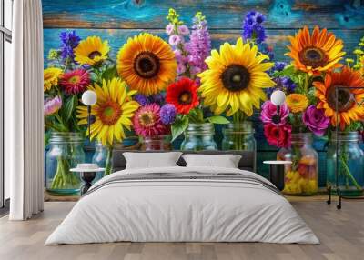 Vibrant sunflowers and colorful flowers in jars painting for floral decor inspiration Wall mural