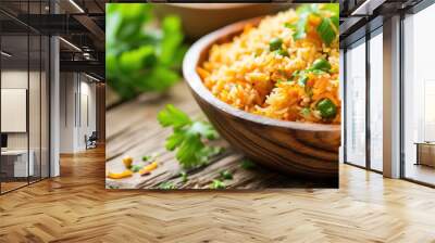 Aromatic Chicken Biryani in Clay Pot. A traditional Indian chicken biryani dish with fragrant rice, spices, and herbs served in a bowl, copy space. Wall mural