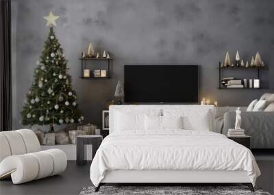 Blank black plasma TV screen in minimalist interior with Christmas tree. Creative mockup for Happy New Year advertisement on television. Wall mural