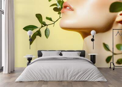 Close-up of a female neck and face on colored background with copy space and shadow of plants. Healthy clean skin, body care Wall mural