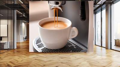 Close-up of hot coffee pouring from automatic coffee machine into a cup on simple color background with copy space Wall mural