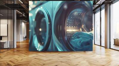 Close up Row of modern washing machines in dry-cleaning room, background with copy space. Public laundry. Wall mural