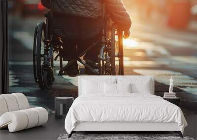 Person in a wheelchair crossing the road, copy space. Safe road traffic for people with disabilities. Wall mural