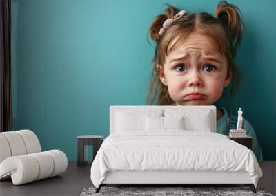 Portrait of sad offended crying little girl child on flat blue color background with copy space, banner template. A sad child makes a grimace. Wall mural