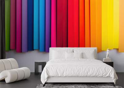 Rainbow Color Swatches Fan. A vibrant color spectrum displayed on a fan of swatches assortment to choose wallpaper color, isolated on white background, copy space. Wall mural