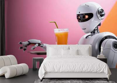 Robot waiter serving a juice on tray on simple colored background with copy space Wall mural