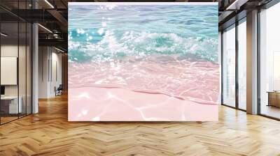 Shining sunny coastline with pink sand and texture of crystal clear sea water, foam and waves. Summer background with copy space Wall mural