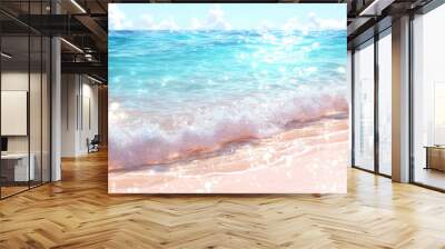 Shining sunny coastline with pink sand and texture of crystal clear sea water, foam and waves. Summer background with copy space Wall mural