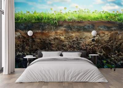 Soil Cross Section with Emerging Seedlings. Detailed cross-section of fertile soil layers with plants emerging, the layer of earth and roots. Wall mural