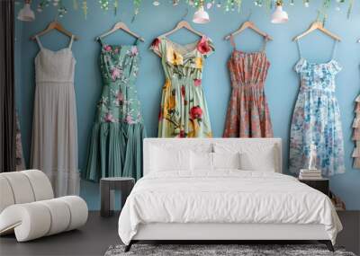 Summer dresses assorted, variety of trendy female dress. Closeup background for clothes store. Wall mural