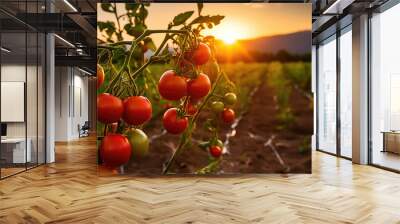 Tomato field inside a farm, nobody, empty field with ripe red tomatoes on branches, sunlight rays of light.  Wall mural