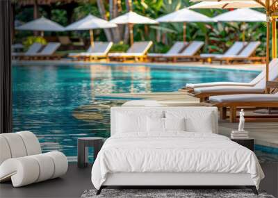 Umbrella and beach chair around outdoor swimming pool in hotel resort at tropical resort, nobody. Wall mural