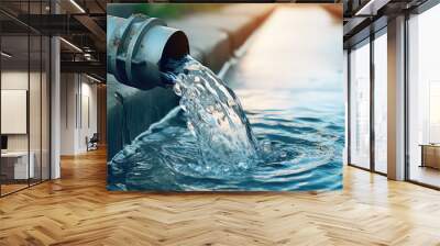 Water pipe in water field, discharge. Clear Water flowing from a pipe, closeup. Wall mural