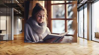 Woman sitting near window at home and reading a book, wrapped in warm clothes. Lifestyle. Cozy winter activities, winter hobbies.  Wall mural