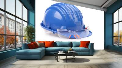 Blue hard hat and glasses. Wall mural