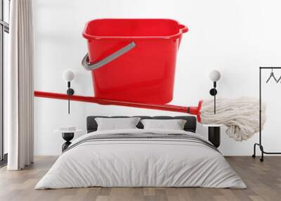 Red bucket with cleaning mop. Wall mural