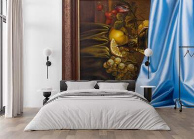 Wooden frame with blue silk. Wall mural