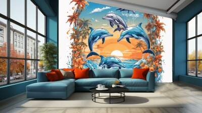 t shirt design with dolphins in white background Wall mural