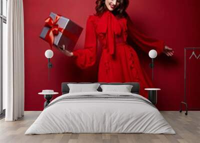 Beautiful young sexy woman thin slim figure evening makeup fashionable stylish dress clothing collection, brunette, gifts boxes red silk bows holiday party birthday New Year Christmas Valentine's Day. Wall mural