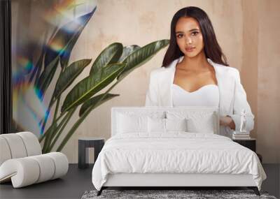 Portrait beautiful sexy brunette woman tanned skin face cosmetic makeup wear white suit for date walk office fashion clothes style collection interior room  sand color safari summer palm boho. Wall mural