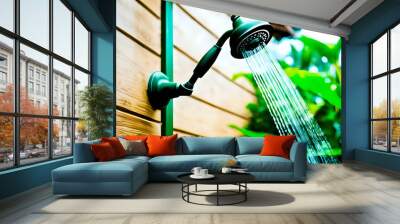 Exterior outdoor vintage shower head in the villa or home building with green garden Wall mural