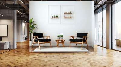 Living room design with aesthetic frame mockup, two wooden chairs on white wall Wall mural