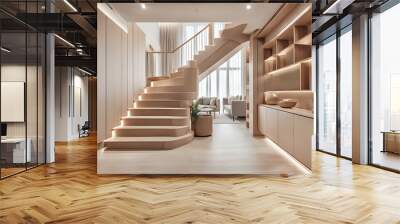 Luxury contemporary interior design in a multi storey home with sleek wooden stairs, lights strips and custom cabinets under them for storage. Stylish gentle calming composition Wall mural