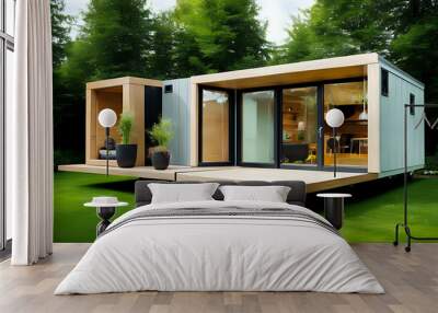 Modular tiny houses of modern architecture with garden. Outside view Wall mural