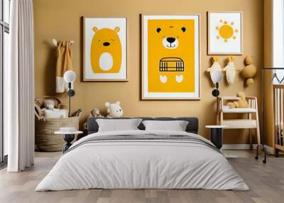 Stylish yellow matte scandinavian newborn baby room with three wooden mock up poster frame, toys Wall mural