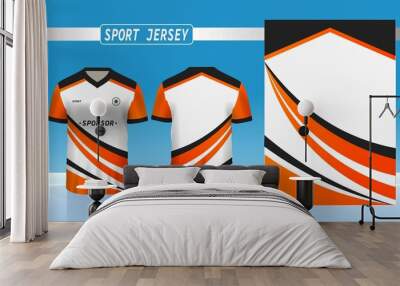 Orange sports shirt jersey design template. Background mockup for sports jerseys, racing, badminton, football, running jerseys, orange black white side stripes. Wall mural