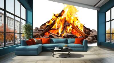 Campfire blazes with burning wood logs bonfire isolated, transparent background. Wall mural