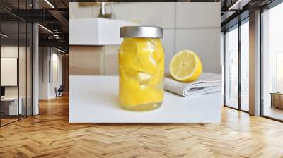 Lemon peel and vinegar cleaner in reusable jar, zero waste, eco-friendly home cleaning. Wall mural