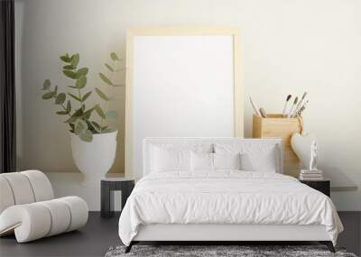 Minimalist interior empty frame mock up on white background, eucalyptus and wooden decoration.        Wall mural