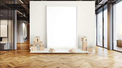 White frame mockup for nursery or kids room, blank photo frame and wooden cubes. Wall mural