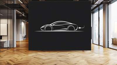 White Outline of an Electric Car on a Black Background Wall mural