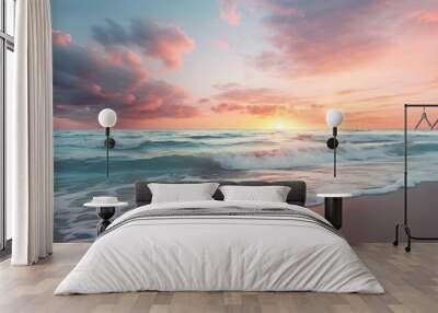 Beautiful calm ocean beach waves sunset photography Wall mural