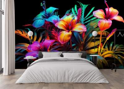 Beautiful neon light tropical hibiscus tree artificial flower wallpaper AI Generated art Wall mural