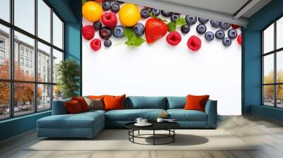 Beautiful strawberries blueberries tropical fruits white background Wall mural